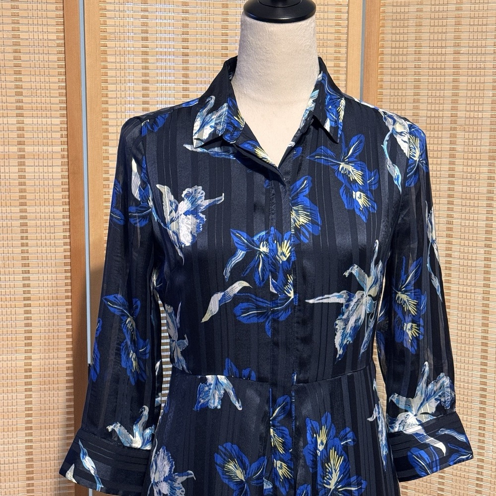 Banana Republic 2 Petite Blue Shirt Dress Button Preppy Midi 3/4 Sleeve FitFlare - Picture 2 of 13